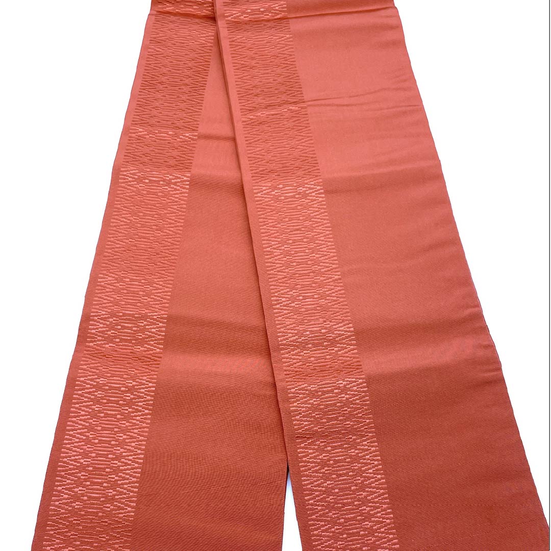 Half-width obi, pure silk, shrimp red, abstract pattern, obi length 372cm, orange, S rank, 1125001642326