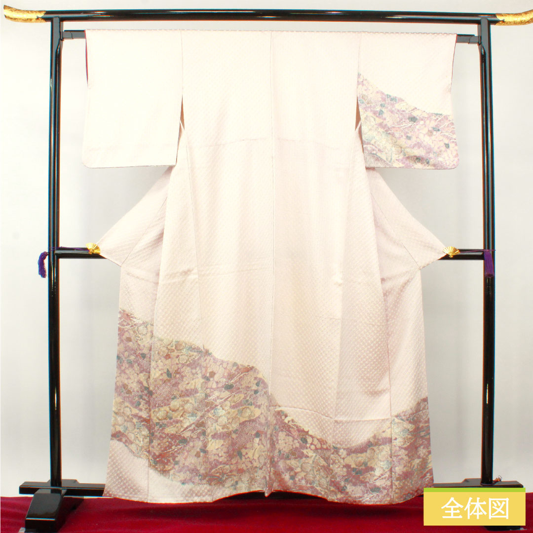 Homongi, pure silk, lined, length 159.5cm, sleeve length 63cm, cherry blossom color, tie-dye, Tsujigahana, A rank, purple, 1112004113320