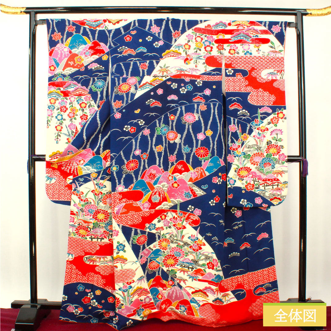 振袖 正絹 身丈165cm 裄丈66cm 袷 瑠璃色（るりいろ） 京紅型 吉祥文様 Aランク 紺系 1113002053518