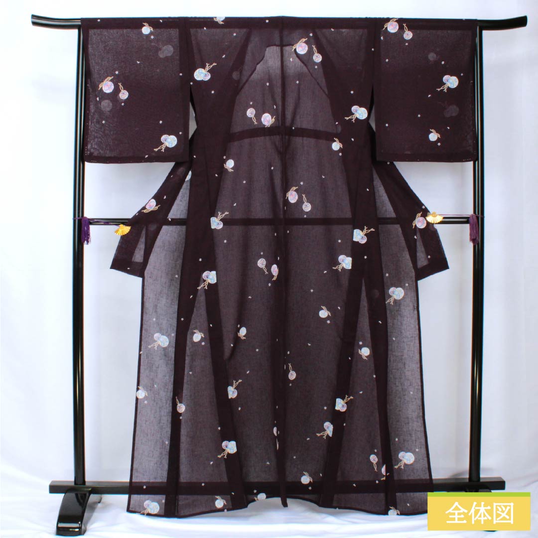 夏物 ポリエステル 小紋 身丈162cm 裄丈66cm 紫黒色（しこくしょく） 小花 鈴 洗える着物 紗 Sランク 紫系 1132002332420