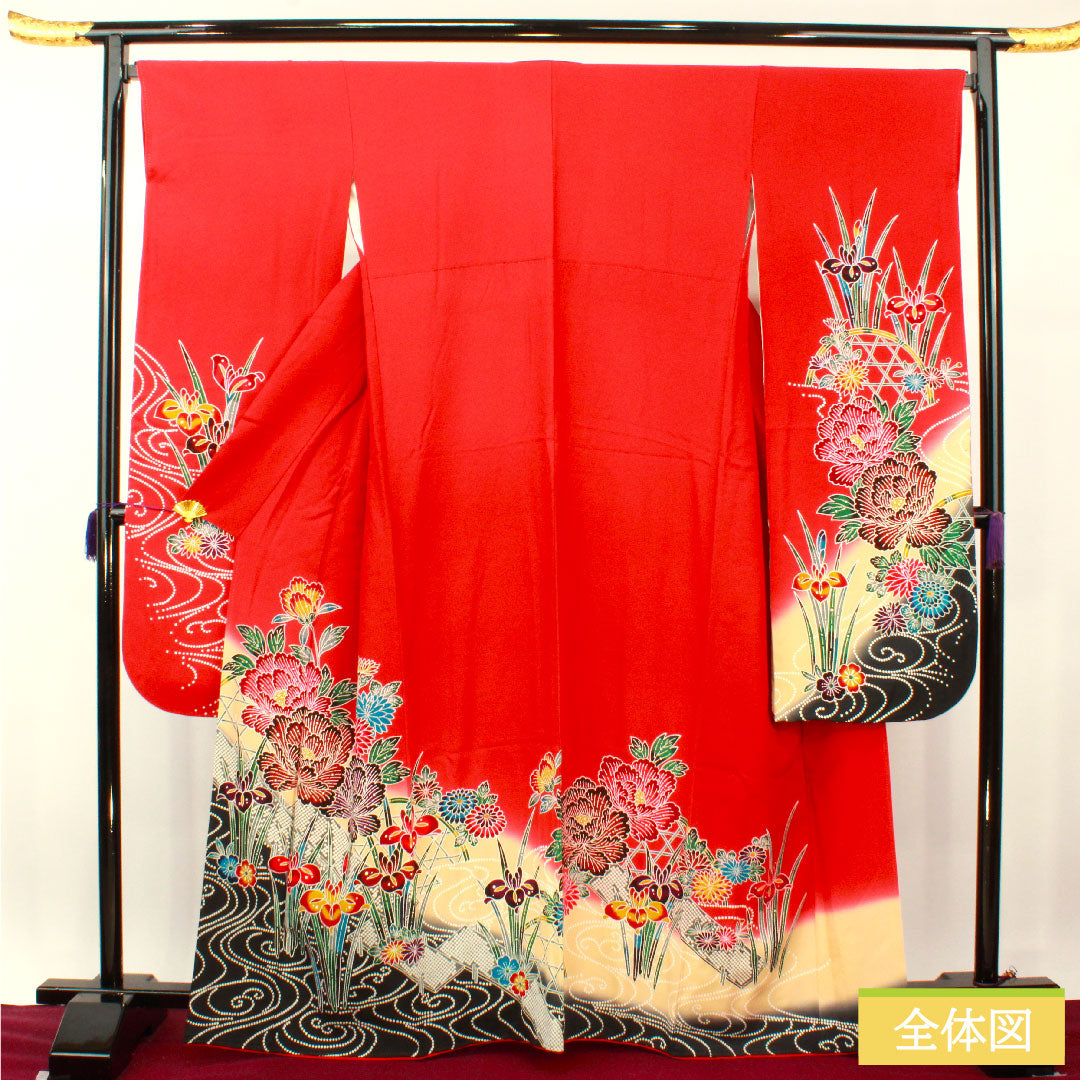 振袖 正絹 身丈164.5cm 裄丈68cm 袷 土耳古赤色（とるこあかいろ） 京紅型 吉祥文様 Sランク 赤系 1113002062412