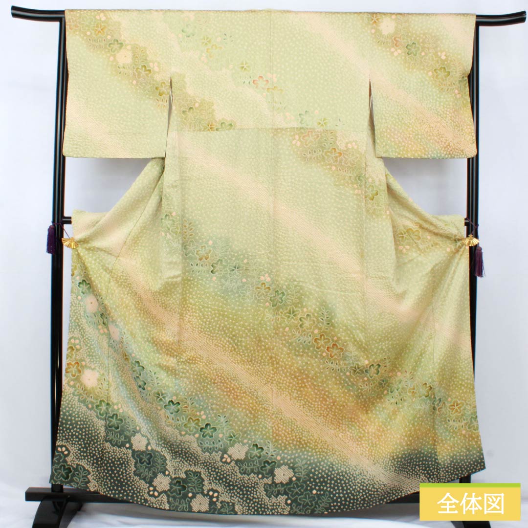 訪問着 正絹 Bランク 袷 身丈160.5cm 裄丈65.5cm 硫黄色（いおういろ） 総絞り 草花 緑系 1112007444419