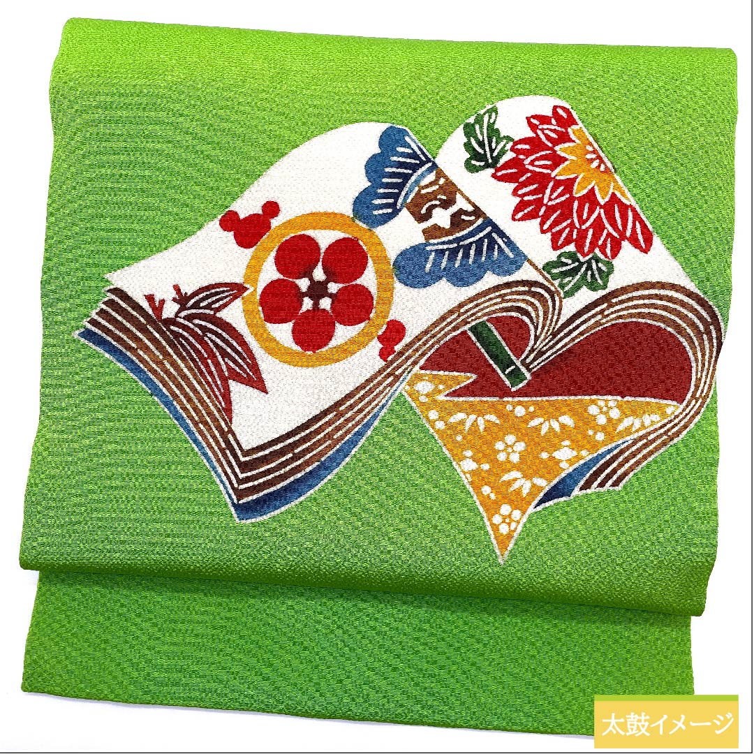 Nagoya obi, light green, stencil dyeing, Kyoto red pattern, pine, Kyogen crest, Japanese crepe, obi length 378.5cm, pure silk, A rank, point pattern, casual, green, 1124005793319, Nagoya style