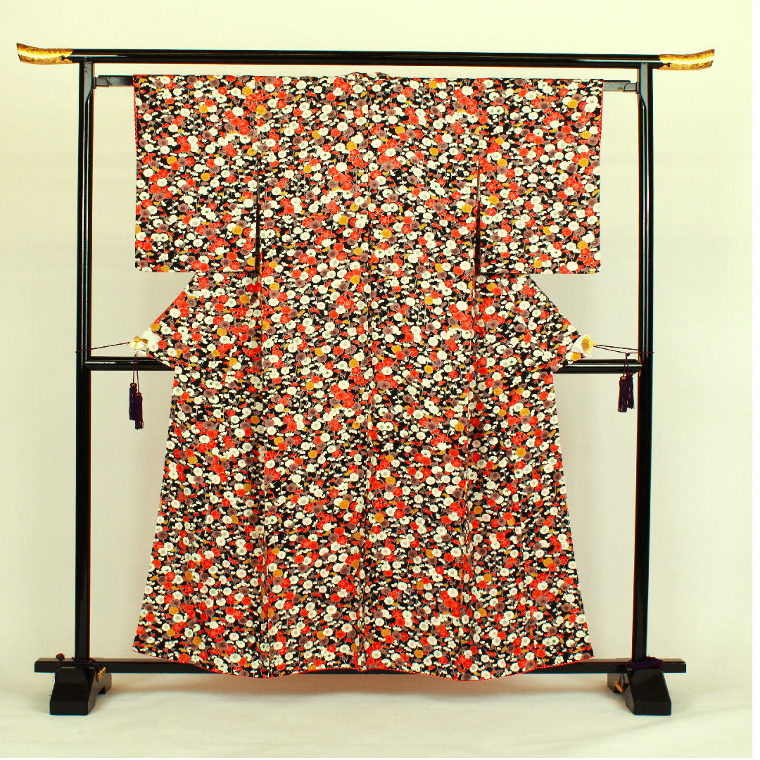 小紋 身丈158.5cm 裄丈61cm 袷  梅柄  正絹 Sランク 黒系 1115000472310