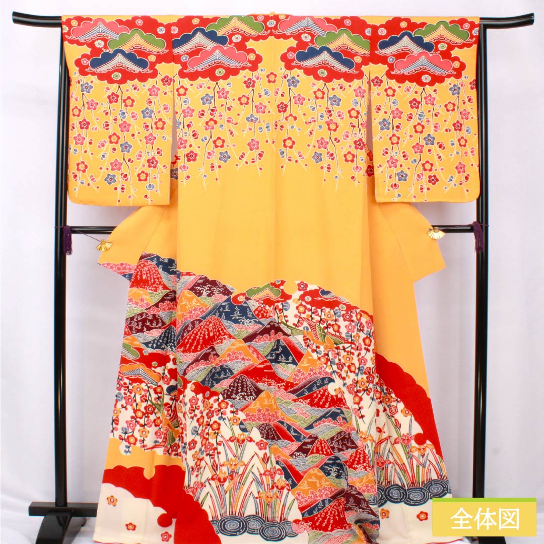 Visiting Kimono, Pure Silk, S Rank, Lined, Length 167cm, Sleeve Length 65.5cm, Orange Color, Kyoto Bingata Design, Auspicious Motif, Orange, Item Number 1112006432526