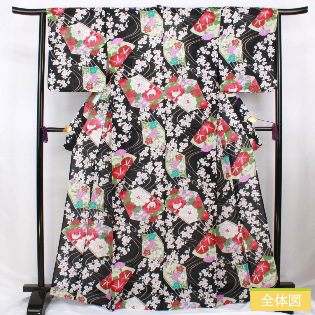 Cotton Yukata, Length 167cm, Sleeve Length 64cm, S Rank, Single Layer, Black, Vertical Silk, All-over Flower Pattern, Fan Pattern, 1118006262510