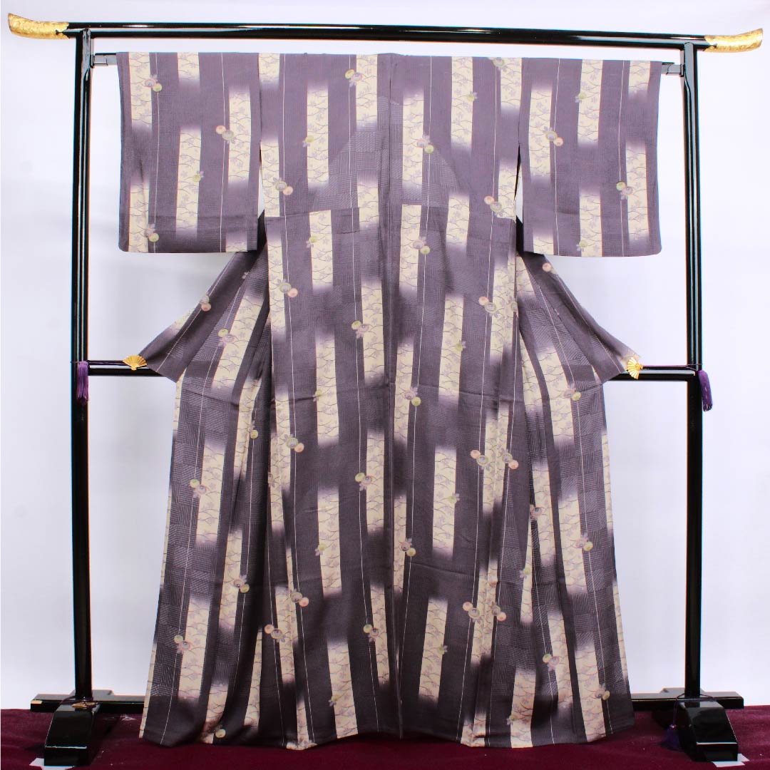 Summer pure silk komon length 165.5cm sleeve length 66.5cm deep purple cherry blossom dew grass flower pattern silk S rank purple 1132000132520