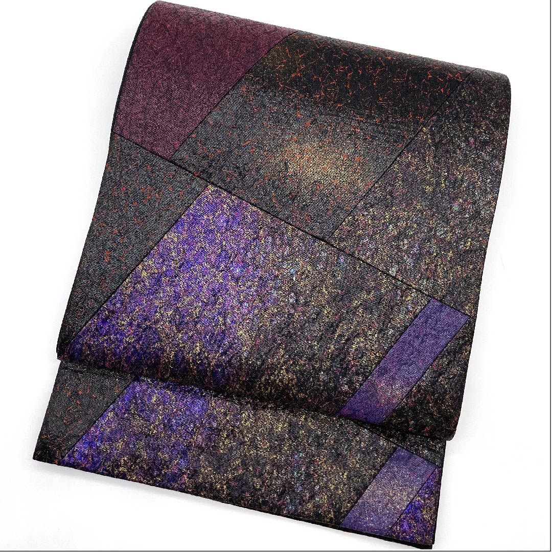 Fukuro Obi (Sash) in Nambu navy blue (Nambushikon-iro) with cut inlay by Sayoko Yamaguchi, geometric pattern, obi length 460cm, pure silk, A rank, six-way, semi-formal, gradation style, 1123009743499