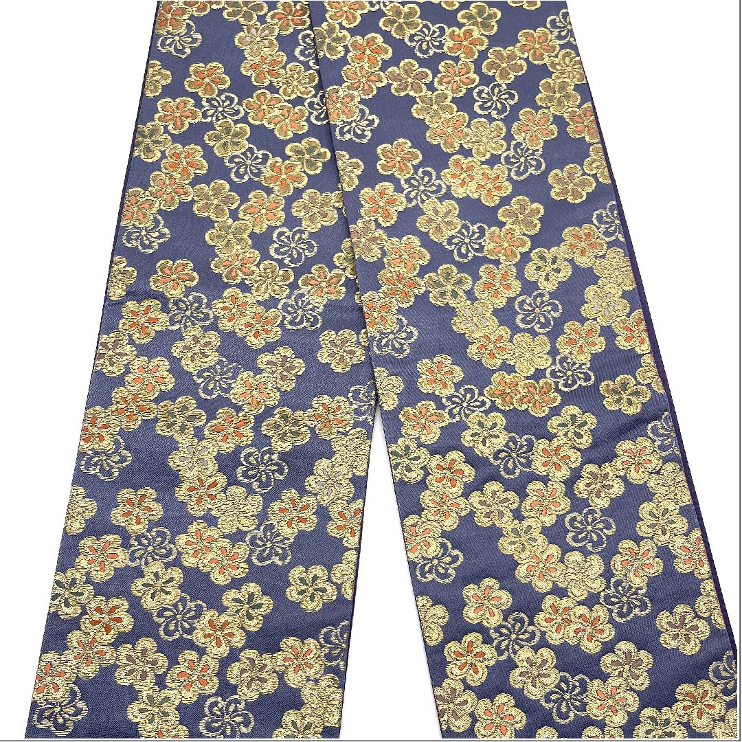 [Unsewn] Silk Half-width Obi, NEW Rank, Edo Nando Iro (Dark Teal), Cherry Blossoms, Brand New and Unused. Obi length 438cm, Blue tones. 1125000311417