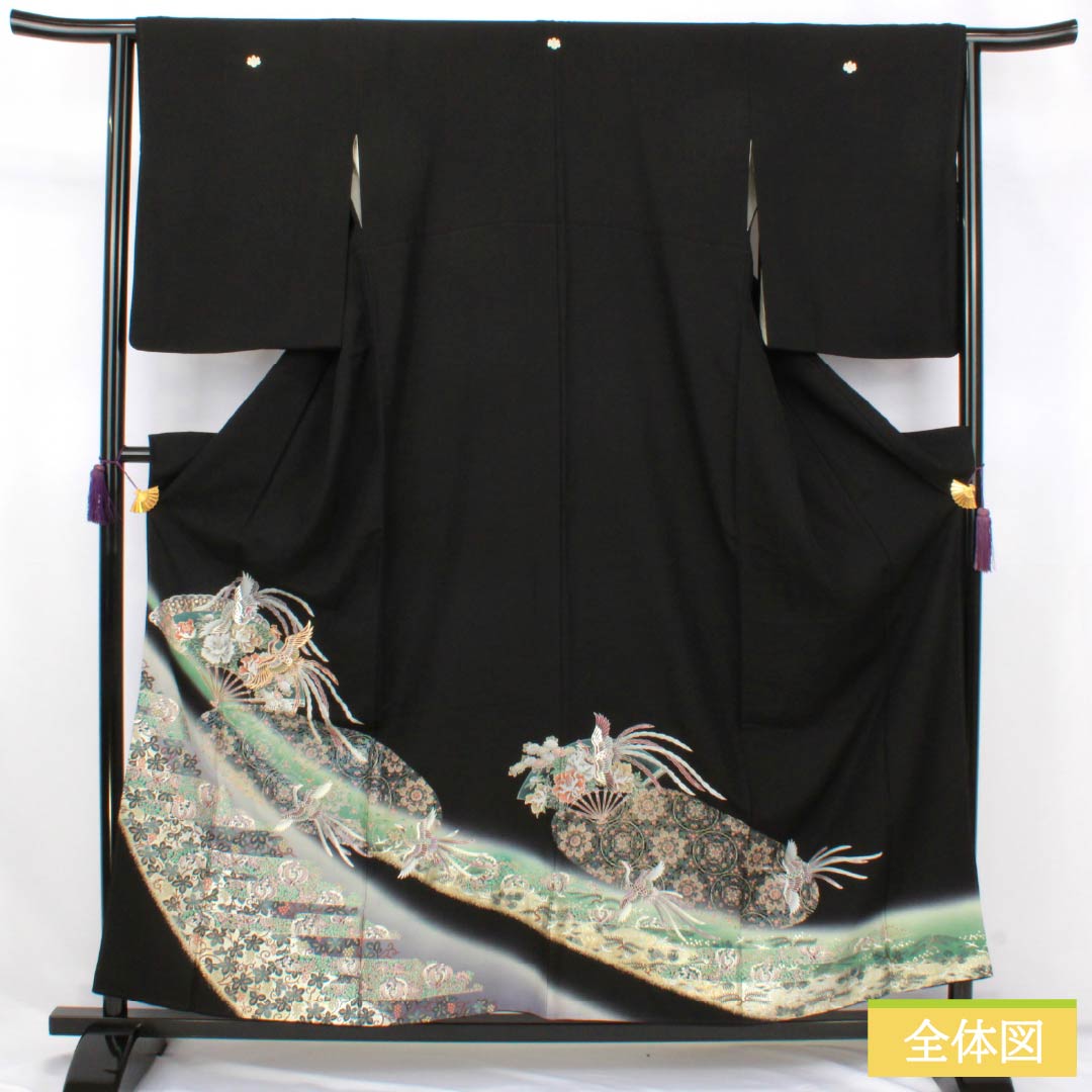 Black Tomesode Kimono, Pure Silk, Grade A, Length 156cm, Sleeve Length 64cm, Lined, Kyoto Yuzen, Five Crests, Gosan Paulownia, Phoenix, Fan Design, Five Crests, Black, Item Number 1111002093310