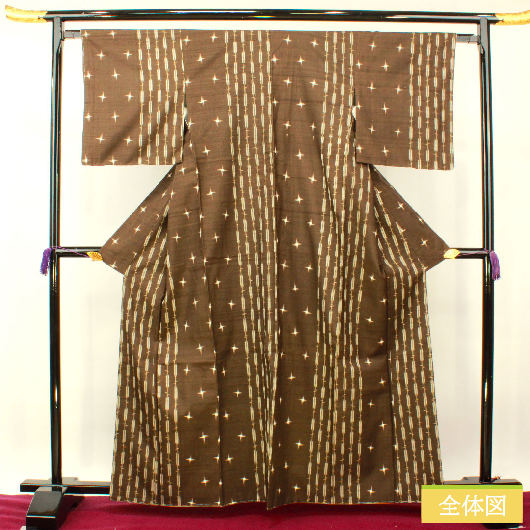 Tsumugi, pure silk, length 163cm, sleeve length 63.5cm, Kenbou color, Kasuri, basting thread included, unused, S rank, lined, brown, 1116003522414