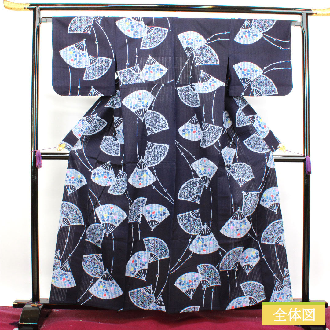 Yukata Cotton Length 160cm Sleeve length 65.5cm S rank Single layer Navy blue Folding fan Floral pattern 1118004522418