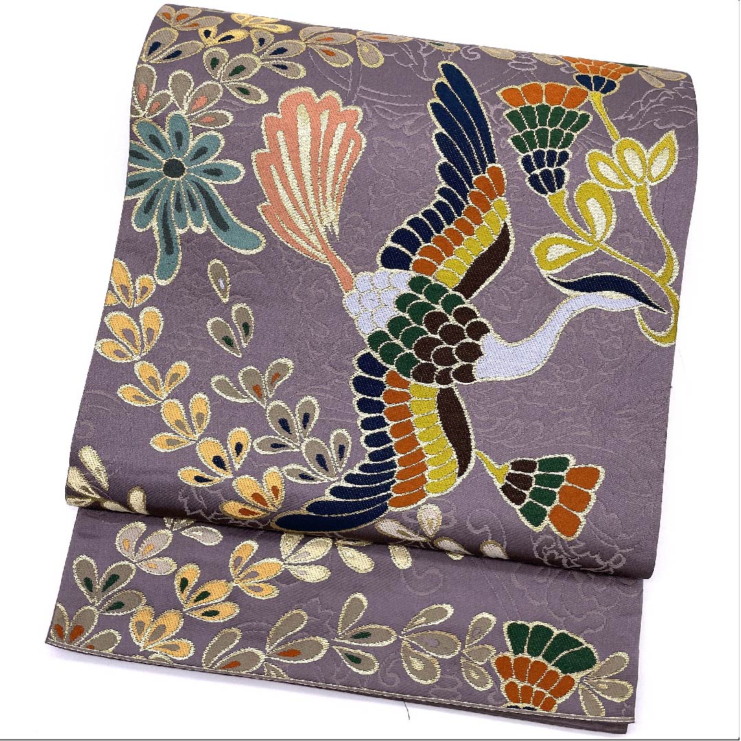 Fukuro Obi (light purple obi) for long-sleeved kimono, Shirayaen Oba, bird and flower, obi length 427cm, pure silk, S rank, six-pass, formal, purple, 1123009482320