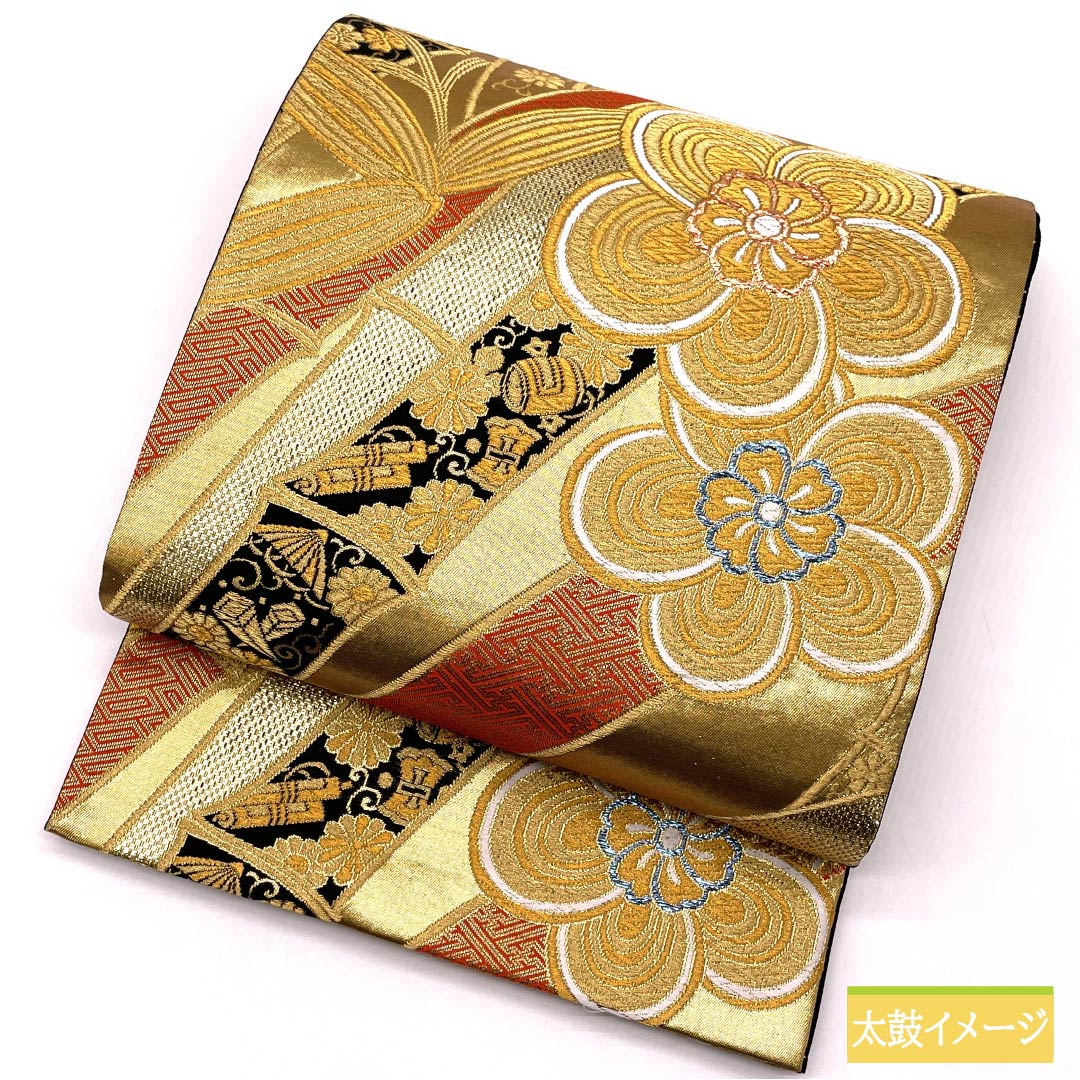 Fukuro Obi, Pure Silk, For Furisode, Ikishoka Takumi Nishiki, Twisted Plum, Treasures, Length 420cm, S Rank, Six-way, Formal, Gold, 1123013792321