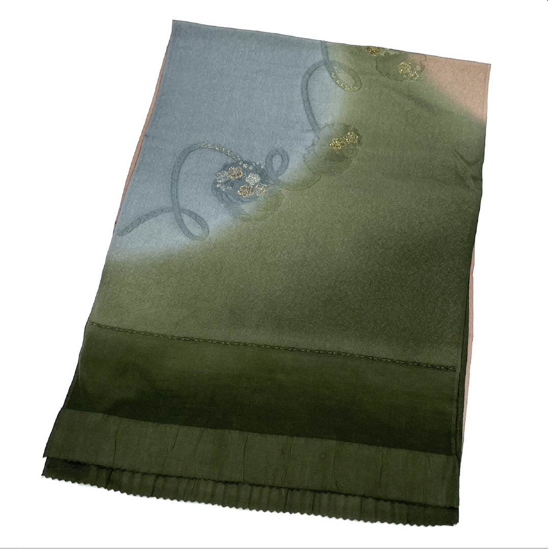 Obiage, pure silk, S rank, semi-formal, Iwaicha (dark olive green) color, yukiwa (snow ring) pattern, cord, length approx. 174cm, width approx. 29cm, green family, 1136004292919