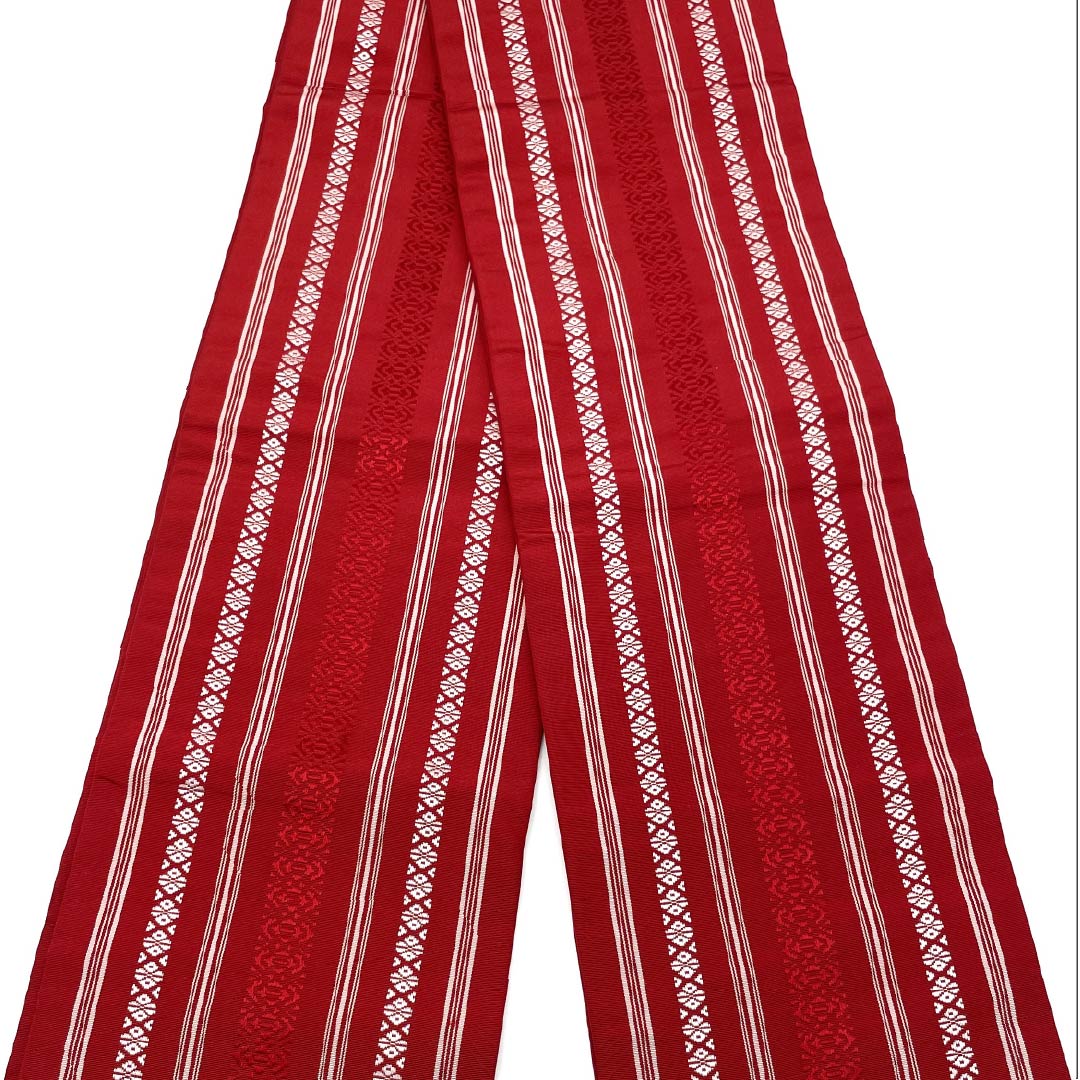 Half-width obi, pure silk, crimson red, Kenjo pattern, Hakata weave, obi length 356cm, red, S rank, 1125001662312