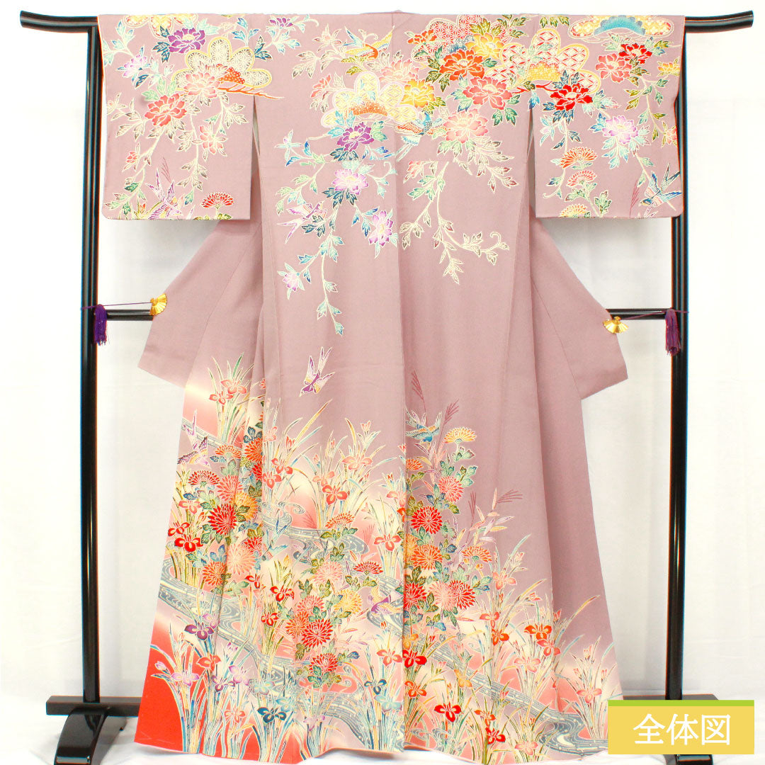 Homongi, pure silk, lined, length 164cm, sleeve length 63cm, grape color (shrimp color), Kyoto Bingata, floral pattern, A rank, purple, 1112005263420