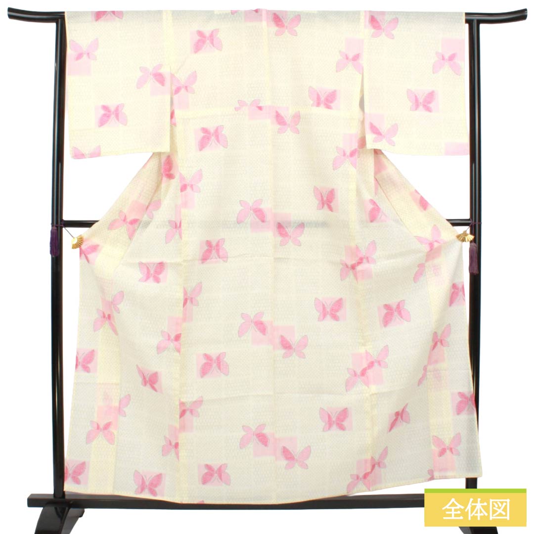 Summer cotton Tsumugi S-rank; length 160.5cm, sleeve-to-sleeve 64cm; milky white, Ichimatsu pattern, butterflies, sheer fabric, white-based. 1132003762411