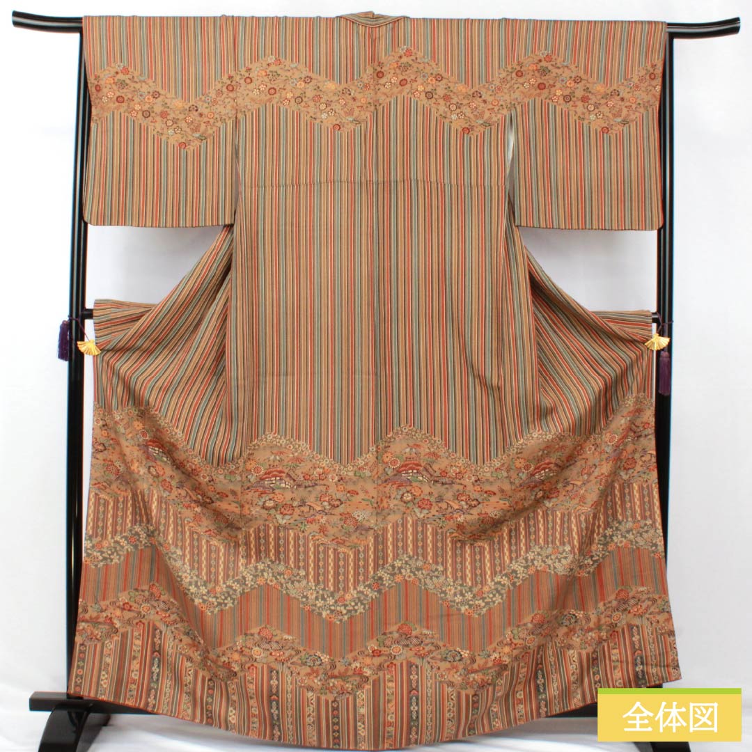 Visiting Kimono, Pure Silk, S Rank, Lined, Length 165.5cm, Sleeve Length 66.5cm, Enshu Brown, Kyoto Bingata Pattern, Striped, Chayatsuji, Orange, Item Number: 1112006892526