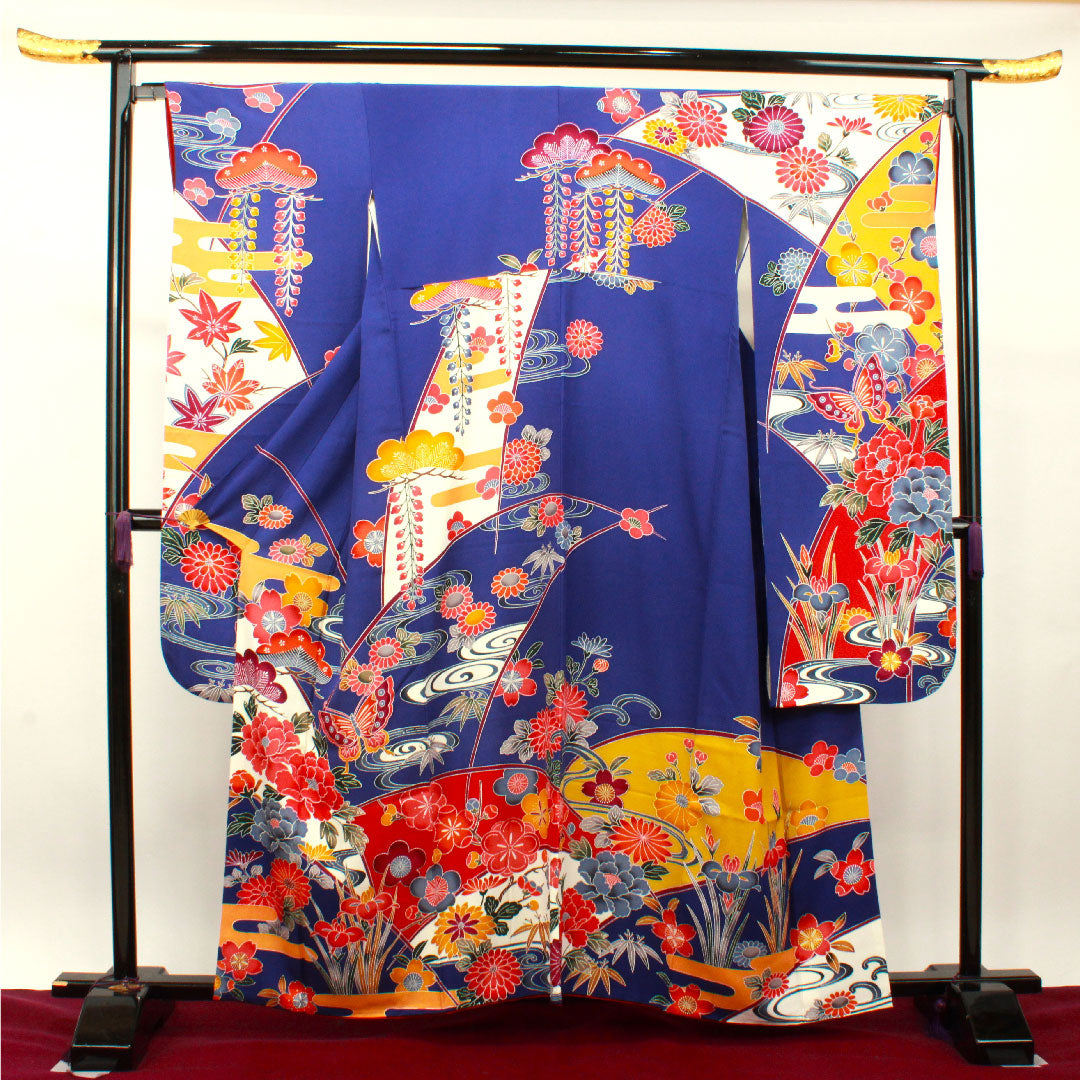 振袖 身丈159cm 裄丈67cm 袷  桔梗色 京紅型 吉祥文様  正絹 Aランク 紺系 1113001703318