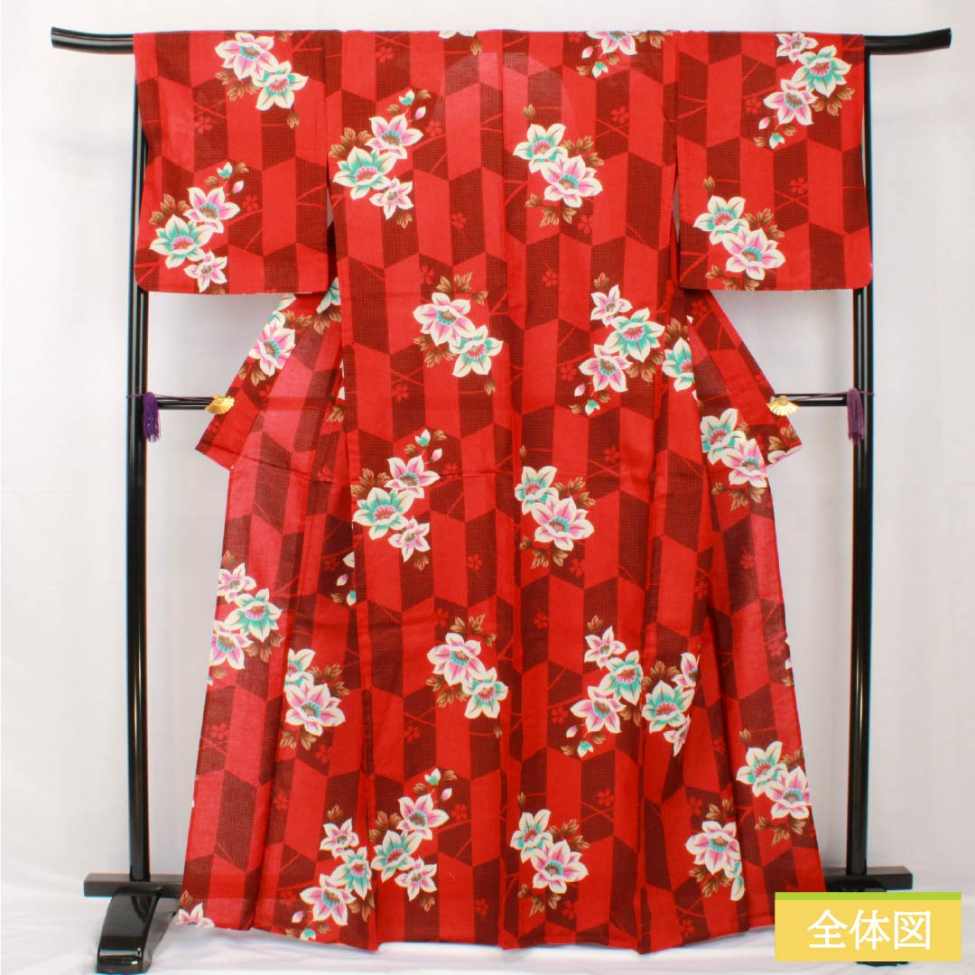 Yukata Cotton Length 165.5cm Sleeve length 67.5cm S rank Single layer Red Reddish red (akabeniiro) Arrow pattern Flower 1118005482512