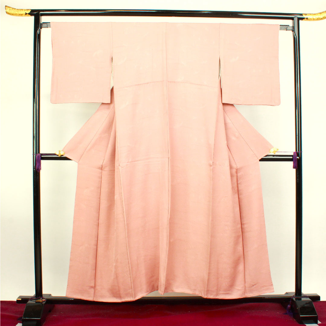色無地 正絹 水柿色 抽象模様 下り藤  身丈152.5cm 裄丈64cm 袷  Aランク ピンク系 1114000853213