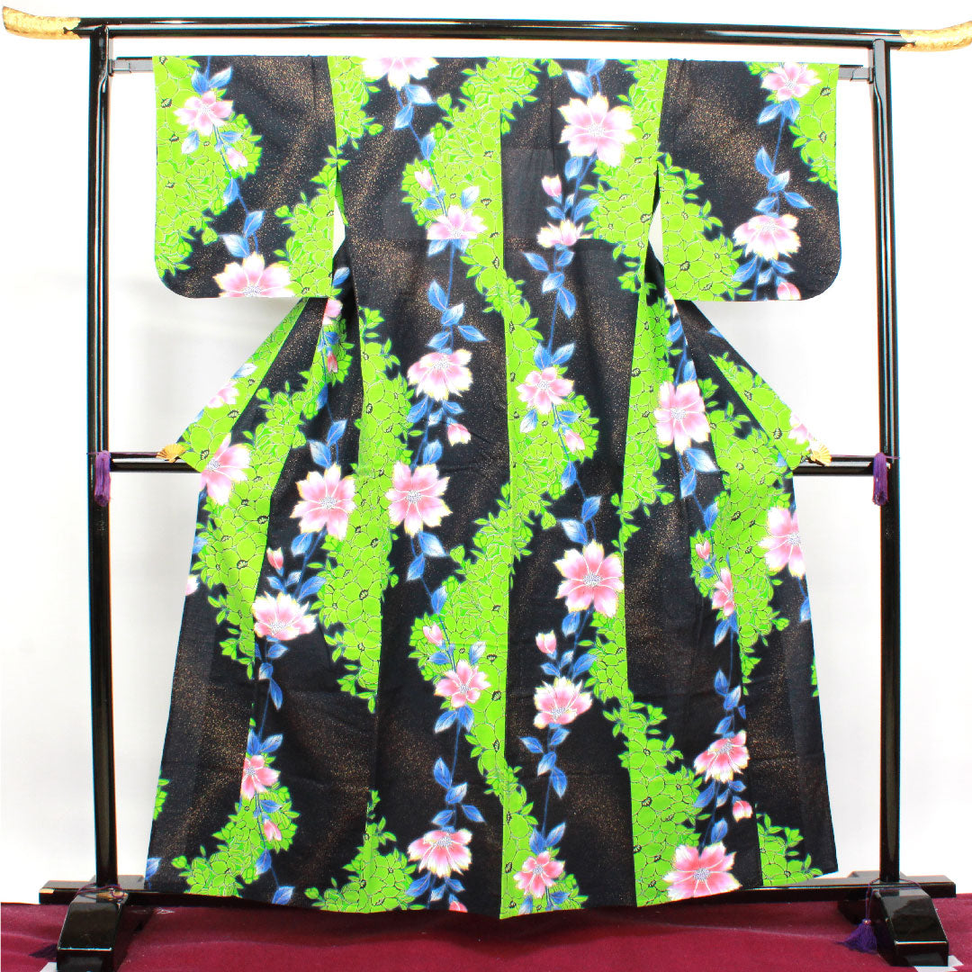Yukata, floral pattern, cotton, S rank, single layer, length 159.5cm, sleeve length 65cm, black, 1118003332310