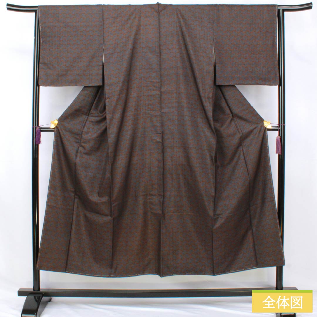紬 正絹 Sランク 身丈148cm 裄丈63.5cm 憲法茶色（けんぽうちゃいろ） 市松 しつけ糸付き 袷 茶系 1116004802114