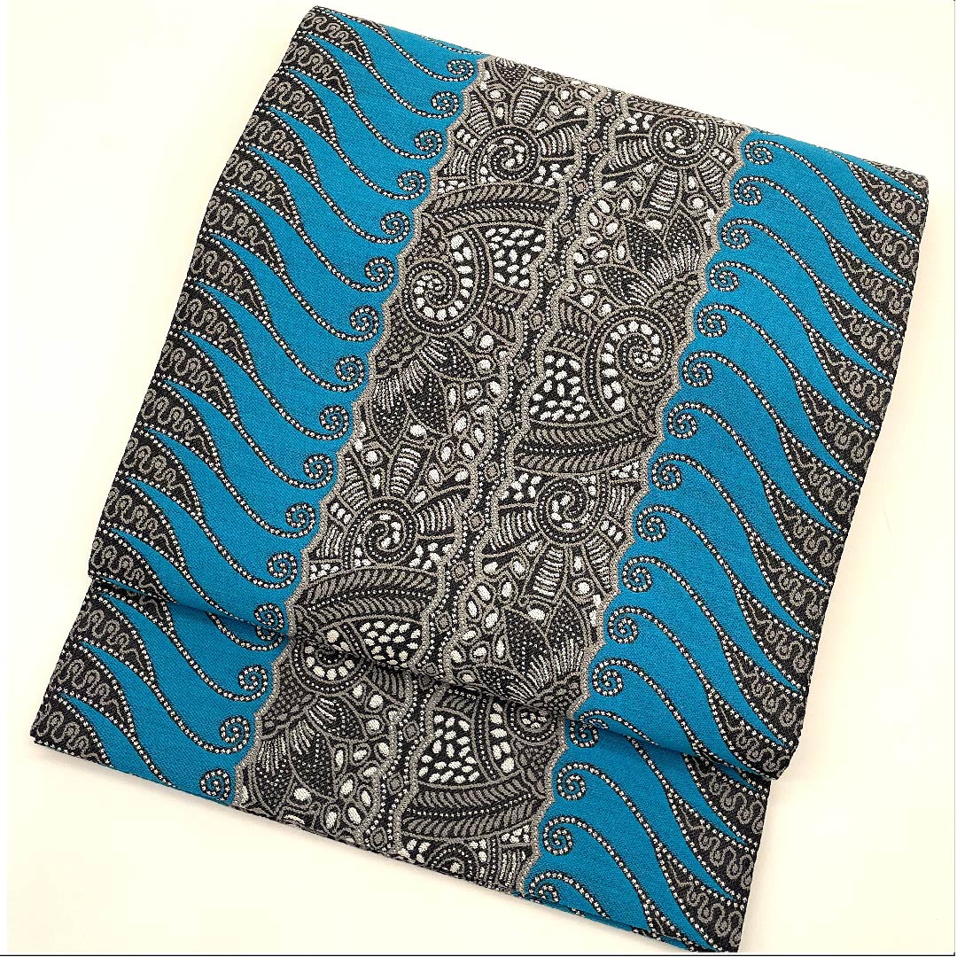 Nagoya obi, vibrant colors, geometric pattern, paisley pattern, obi length 375.5cm, pure silk, S rank, full length, casual, blue, 1124005152317, open style