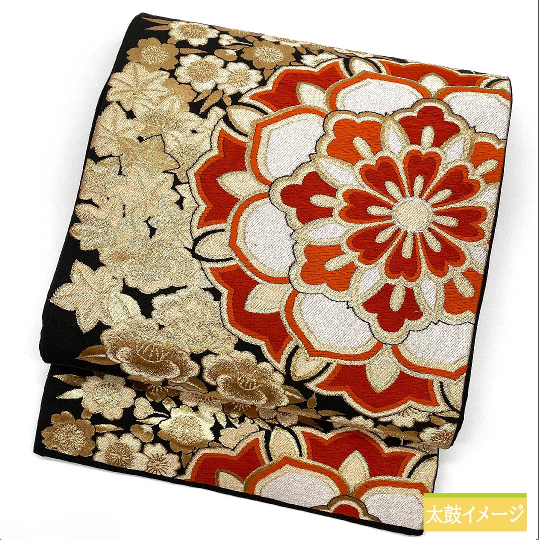 Fukuro Obi, Pure Silk, Black, Flower Pattern, Cherry Blossoms, Plum Blossoms, Autumn Leaves, Obi Length 416cm, S Rank, Six-way, Formal, Black, 1123011752310