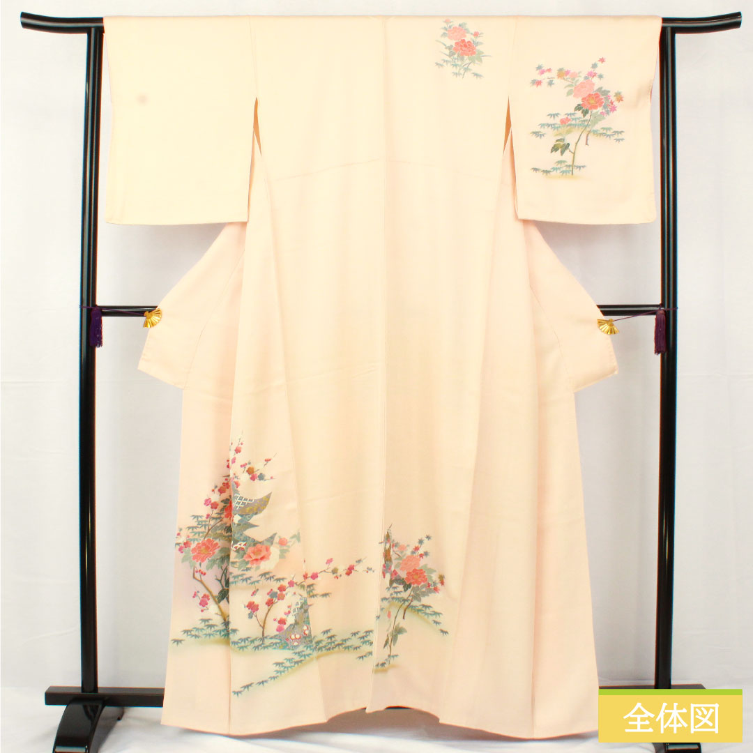 Homongi, pure silk, lined, length 161.5cm, sleeve length 63cm, maiden color, Kyo-Yuzen, floral pattern, S rank, pink, 1112005312413