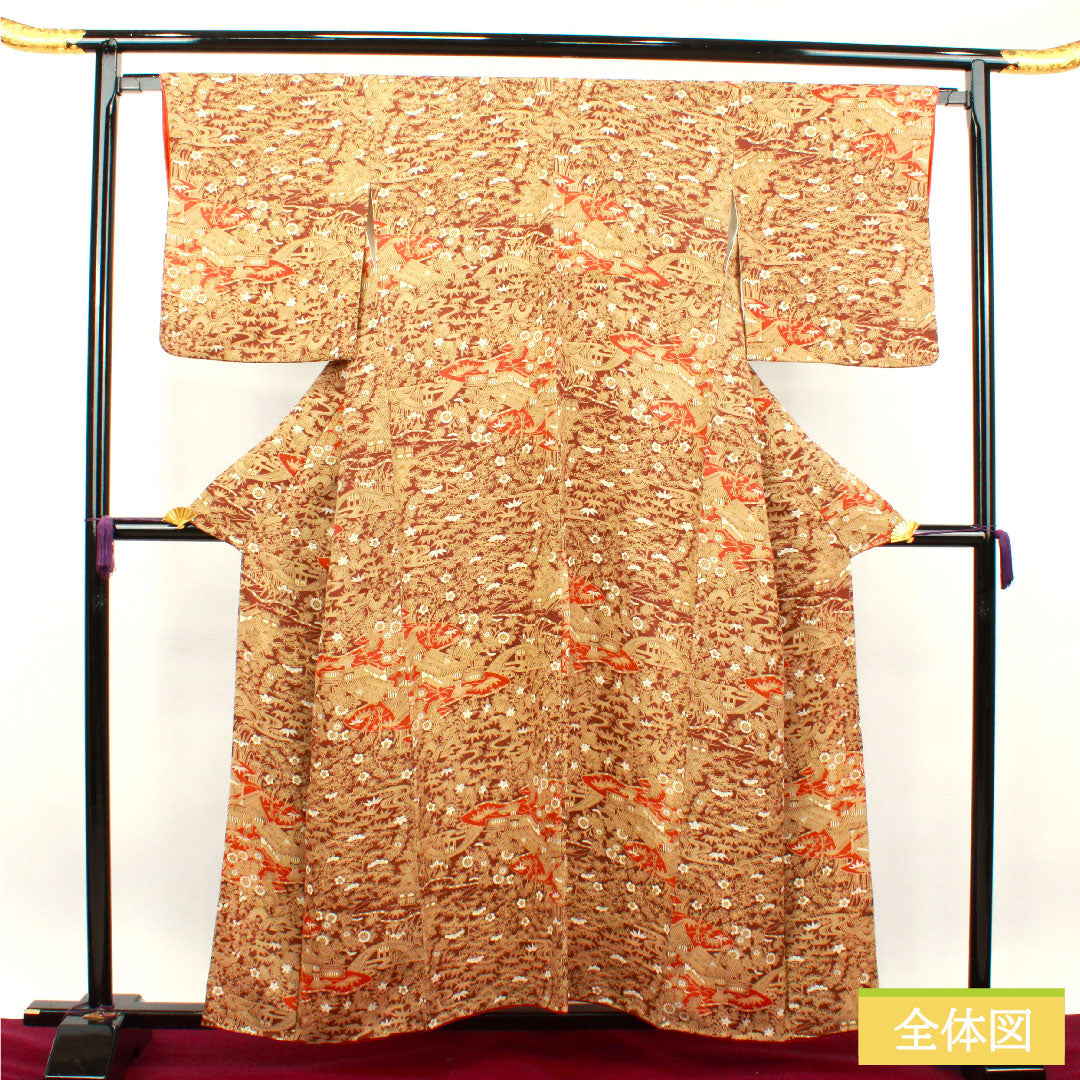小紋 正絹 身丈157cm 裄丈64.5cm 袷  濃茶色 茶屋辻 松竹梅  Sランク 茶系 1115003602314