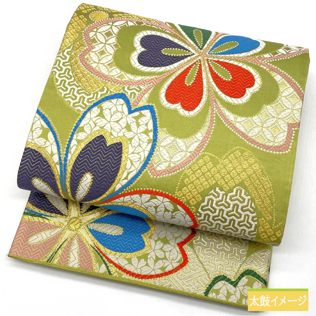 Fukuro Obi, Pure Silk, Wakanae-iro (Wakanae-iro), For Furisode, Cherry Blossom, Shippo, Sayagata, Obi Length 434cm, S Rank, Six-way, Formal, Green, 1123013662319