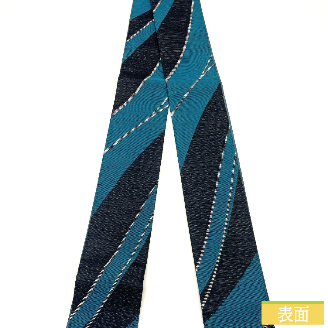 (Brand new, unused) Pure silk square obi, blue (hekishoku), geometric pattern, full-length, 436cm long, 10cm wide, gradient finish. Product code: 1134000591999