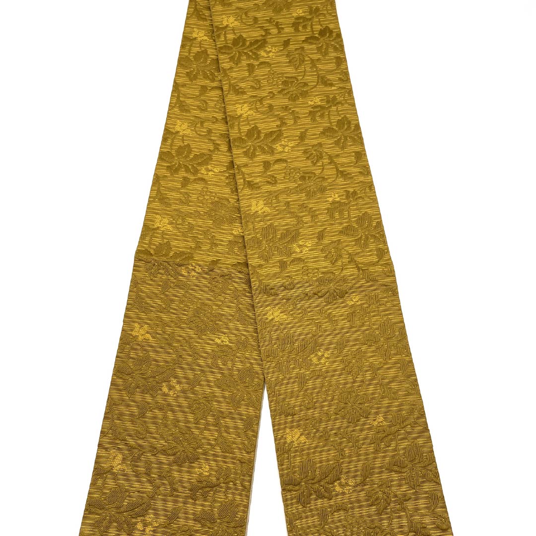 (New) Half-width obi, polyester, NEW rank, ochre, kaya-iro (reedy brown), karahana pattern, stripes, reversible, obi length 400cm, brown tones, 1125002751414