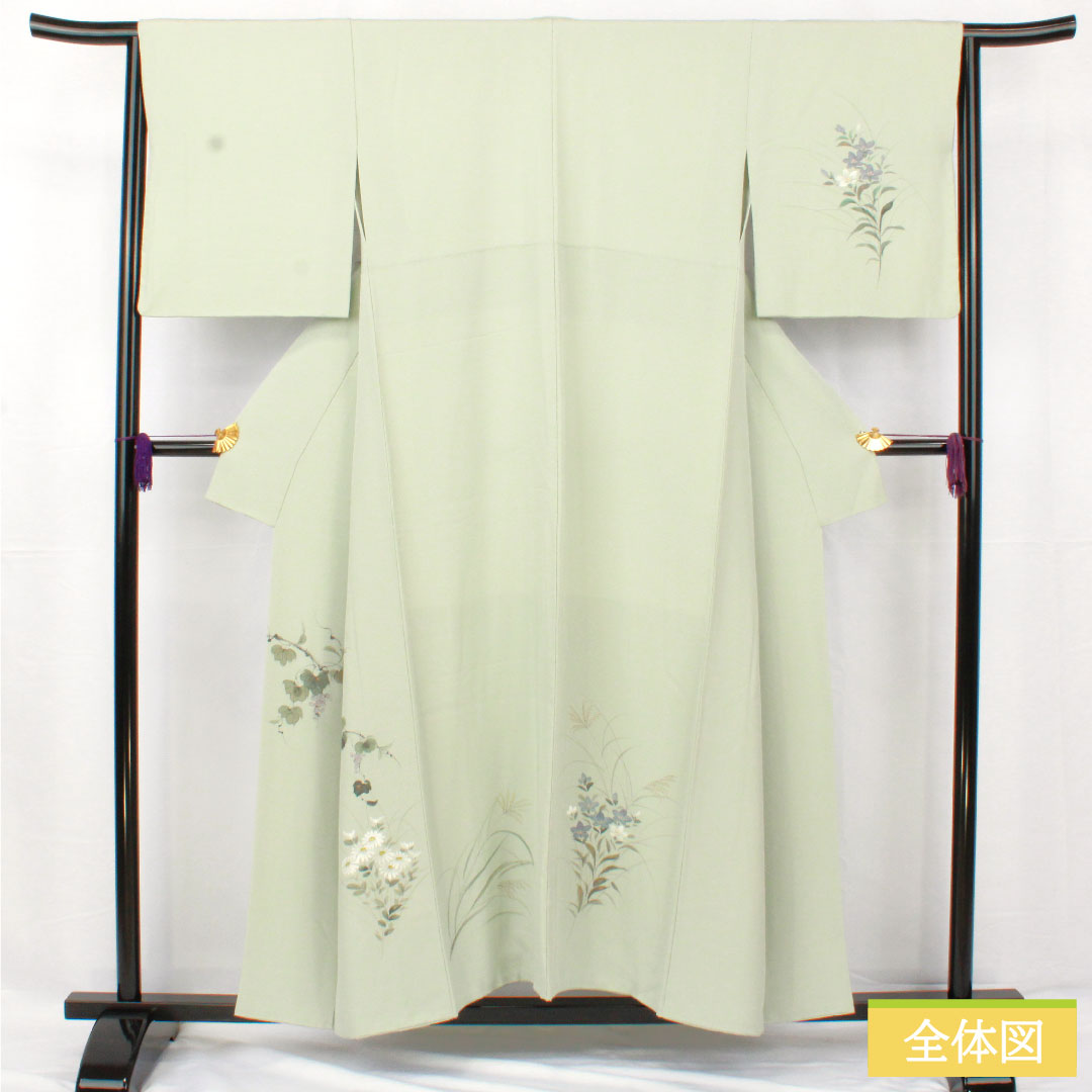 訪問着 正絹 袷 身丈155cm 裄丈65cm 白緑色（びゃくろくいろ） 草花模様 スコッチガード 付下げ Aランク 水色系 1112005453324