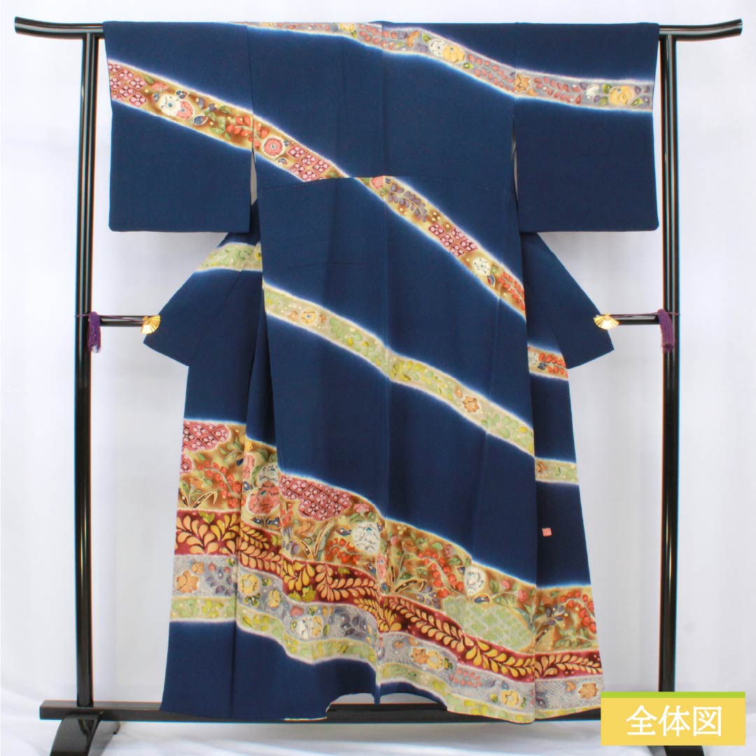 Visiting Kimono, Pure Silk, S Rank, Lined, Length 155cm, Sleeve Length 63cm, Navy Blue, Chirimen Fabric, Tsujigahana Pattern, Navy Blue, Product Number: 1112006292318