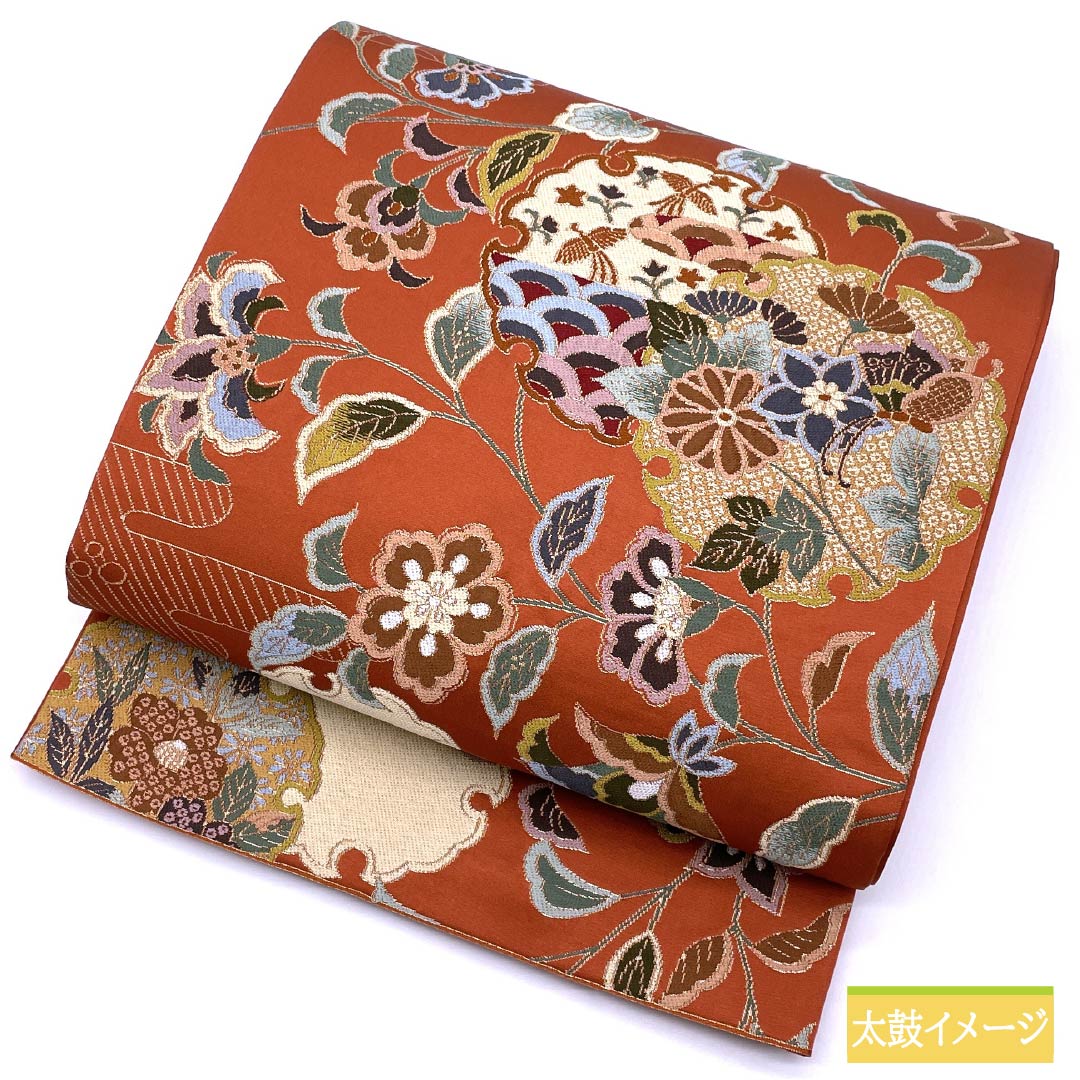 袋帯 正絹 紅柿色（べにかきいろ） 留袖用 白綾苑大庭 雪輪 花模様 帯丈436cm Sランク 六通 フォーマル 橙系 1123014402326