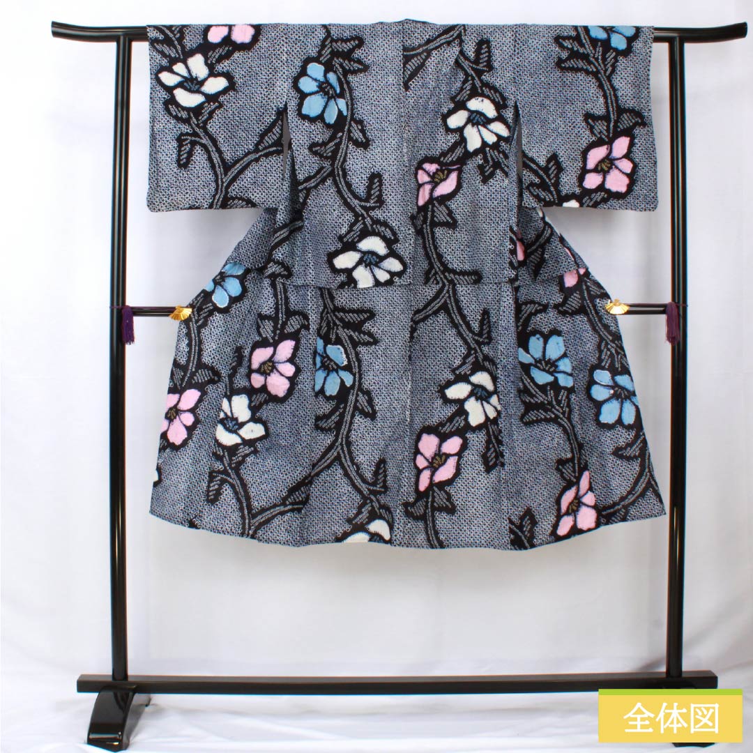 Yukata Cotton Length 122cm Sleeve length 60cm A rank Single layer Navy blue Arimatsu tie-dye Flower Shoulder raised 1118005643118