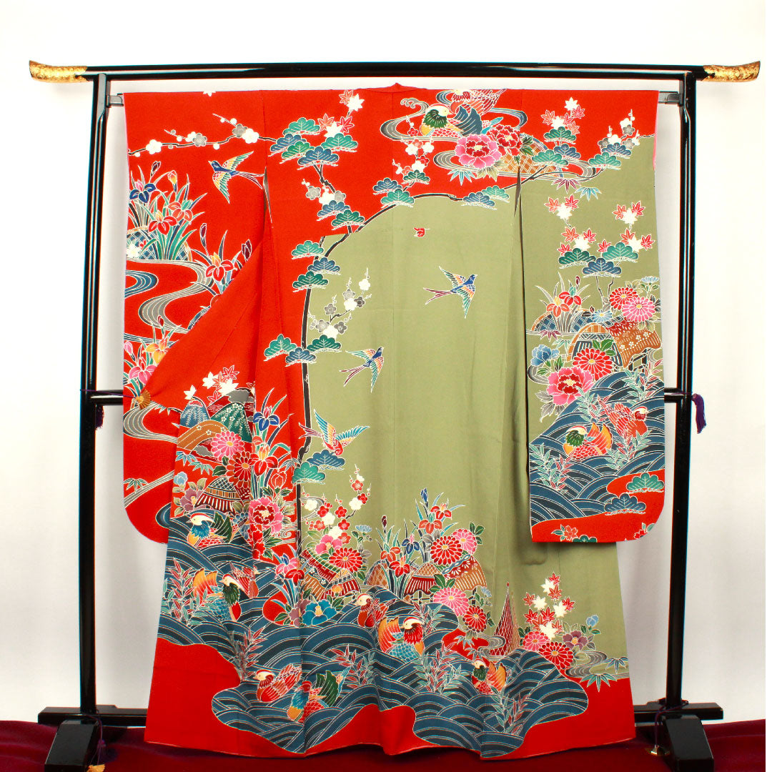 振袖 身丈165cm 裄丈65.5cm 袷  栗梅色 京紅型 鴛鴦 松竹梅  正絹 Sランク 赤系 1113000902512
