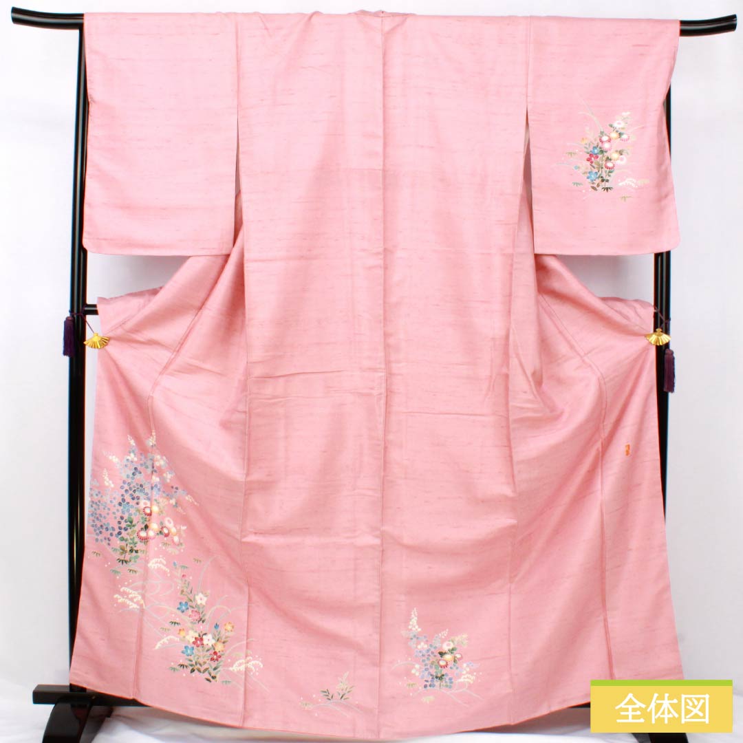 Visiting Kimono, Pure Silk, Rank B, Lined, Length 167cm, Sleeve Length 66cm, Fake Peach Color (Fake Momoiro), Ushiku Tsumugi Silk, Kyoto Kaga Yuzen, Tsukesage, Artist's Work, Floral Design, Pink, Product Number: 1112007544513