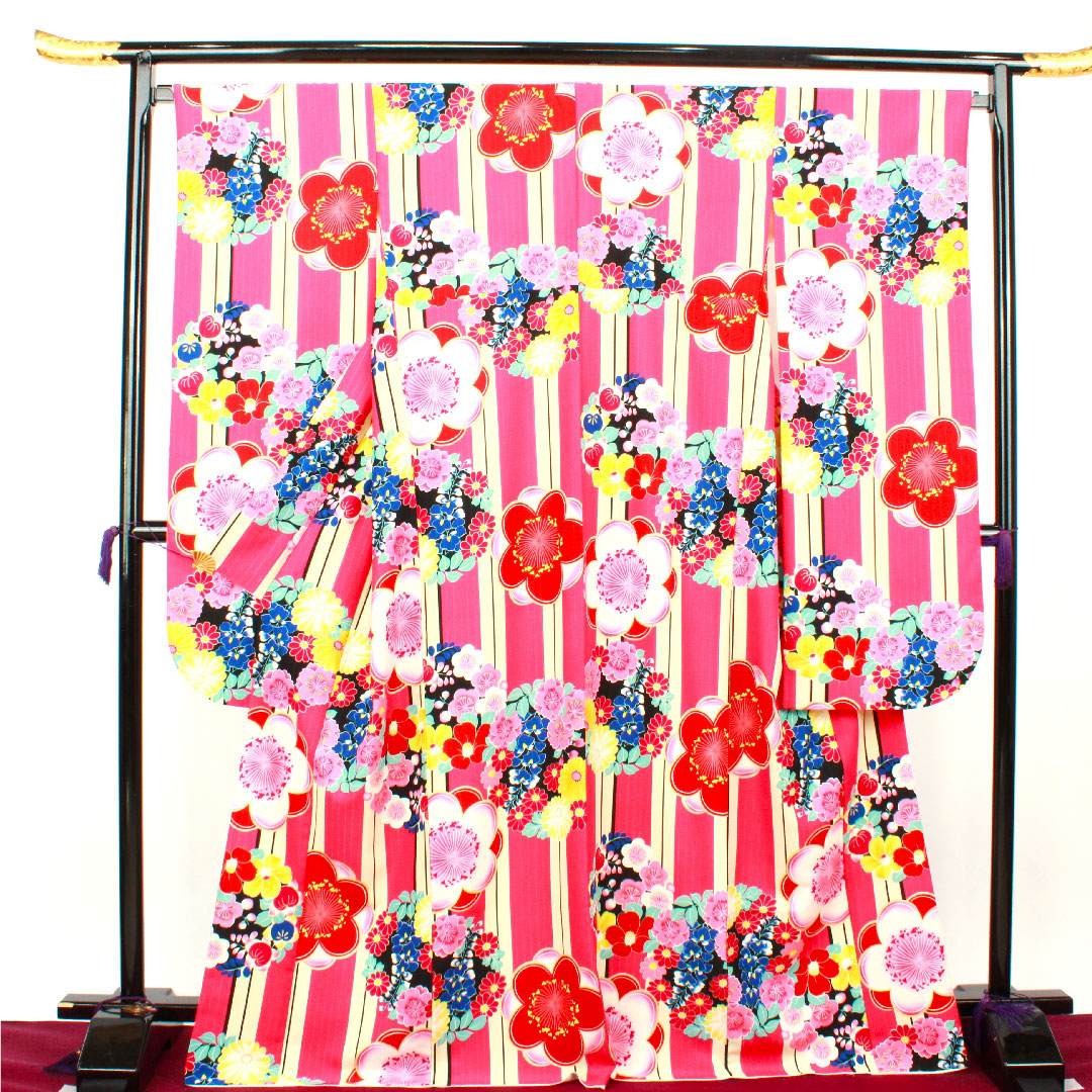 Long-sleeved kimono, length 170.5cm, sleeve length 67cm, lined, scarlet, washable kimono, plum, poly, S rank, pink, 1113001312613