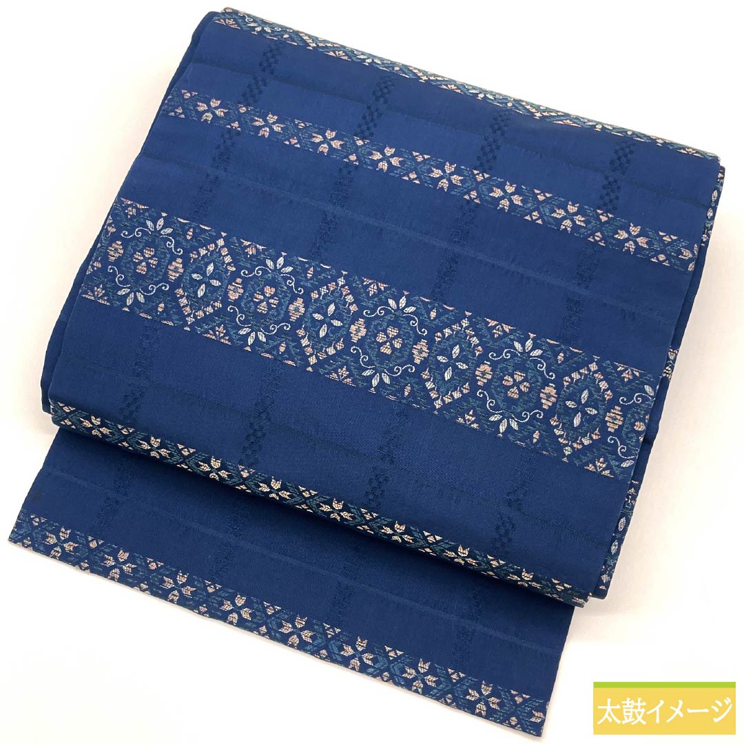 Nagoya Obi, Pure Silk, S-Rank, Indigo Brown, with Cherry Blossom and Hanabishi Patterns, Horizontal Stripes, Length 360cm, Six-Ply, Semi-Formal, Blue, Item Number 1124009082317, Nagoya Style