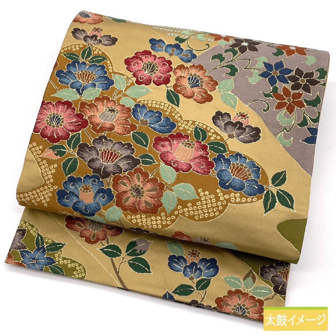 Formal beige obi, pure silk, golden yellow, by Hakuryoen Oba, featuring peony and bellflower designs, suitable for formal kimono (tomesode). Length: 434cm, S rank, six-fold hem. Product code: 1123014192325.