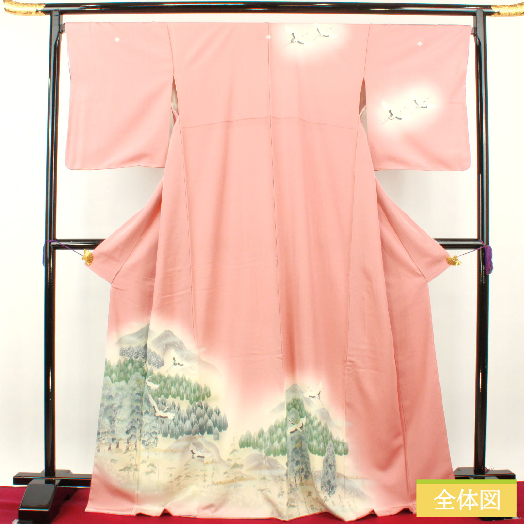 訪問着 正絹 袷 身丈170.5cm 裄丈69.5cm 一重梅色（ひとえうめいろ） 京友禅 比翼仕立て 風景模様 鶴 三つ紋 Sランク ピンク系 1112004612613