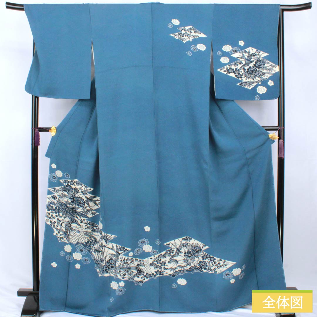 訪問着 正絹 Sランク 袷 身丈166.5cm 裄丈69cm 裏色（うらいろ） 藍型 浜ちりめん 風景模様 しつけ糸付き ソフトガード加工 青系 1112007692517