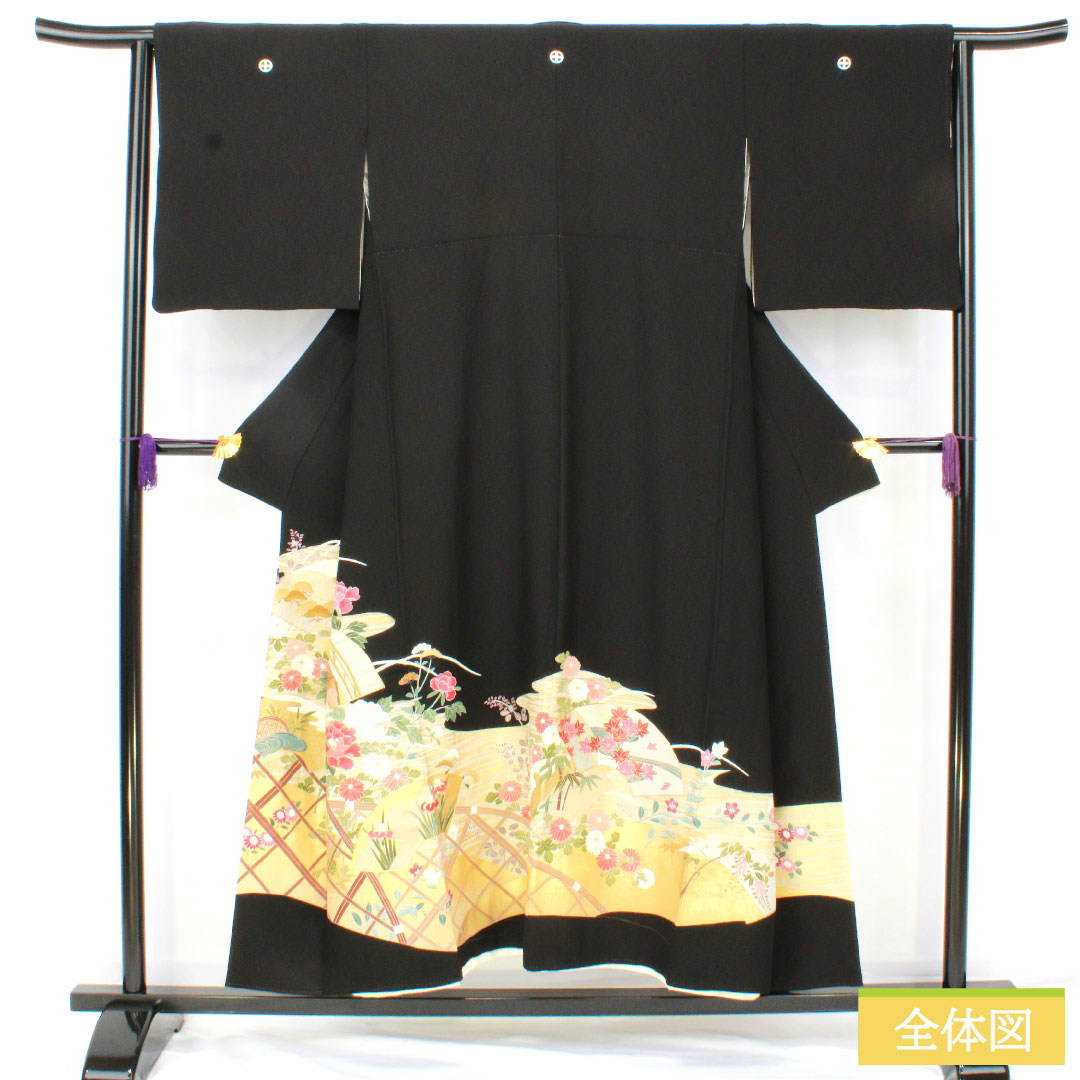 黒留袖 正絹 身丈150cm 裄丈64cm 袷 京友禅 吉祥文様 五つ紋 轡十字（くつわじゅうじ） Sランク 黒系 1111001772110