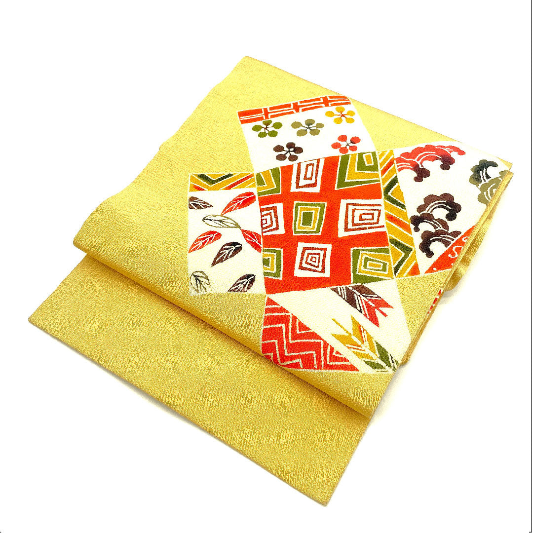 Nagoya obi, Kyoto Bingata dyed obi, crepe, auspicious pattern, obi length 360.5cm, pure silk, A rank, point pattern, casual, yellow, 1124001983323, Nagoya style