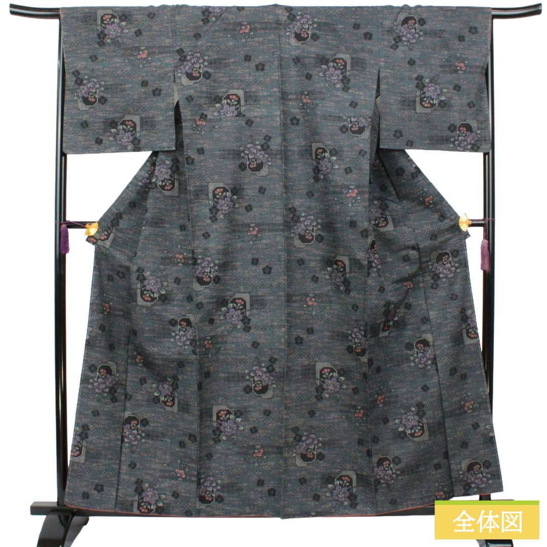 紬 正絹 Aランク 身丈161cm 裄丈67cm 灰青色（はいあおいろ） 村山大島 花柄 しつけ糸付き 袷 青系 1116005223417