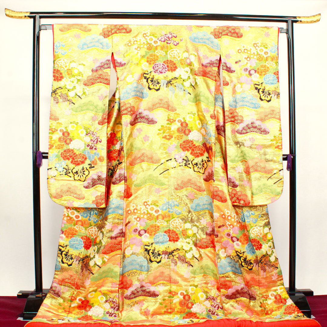 色打掛 身丈195cm  唐織 松 菊 花車 正絹 Sランク 袷 朱系 1110000412916